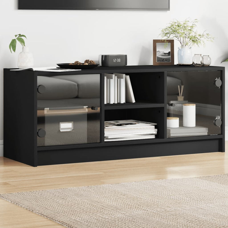 TV Cabinet with Glass Doors Black 102x37x42 cm