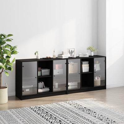 Bookcase with Doors Black 204x37x75 cm Engineered Wood