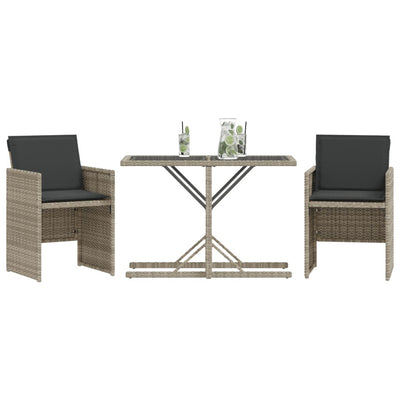 3 Piece Bistro Set with Cushions Light Grey Poly Rattan