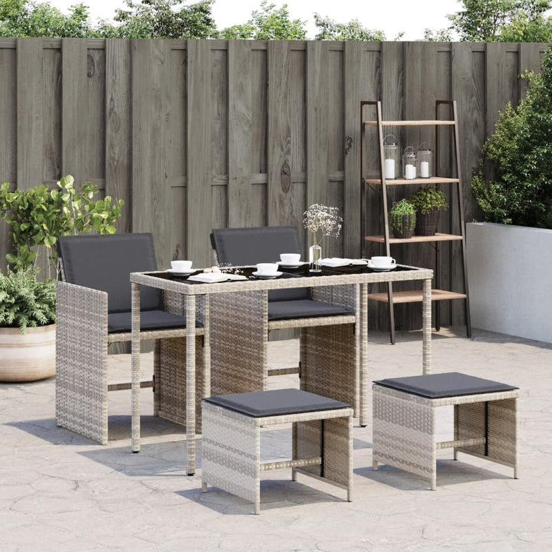 5 Piece Garden Dining Set with Cushions Light Grey Poly Rattan