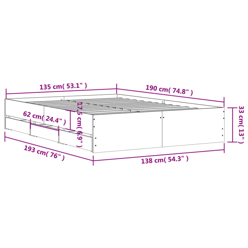 Bed Frame with Drawers without Mattress Black 135x190 cm