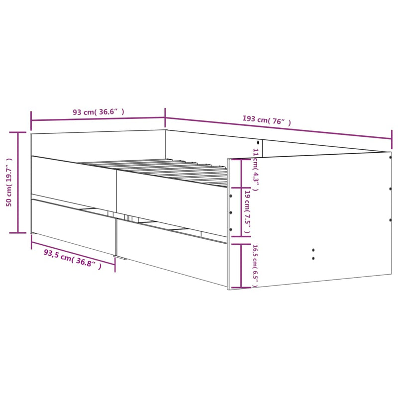 Bed Frame with Drawers without Mattress White 90x190 cm