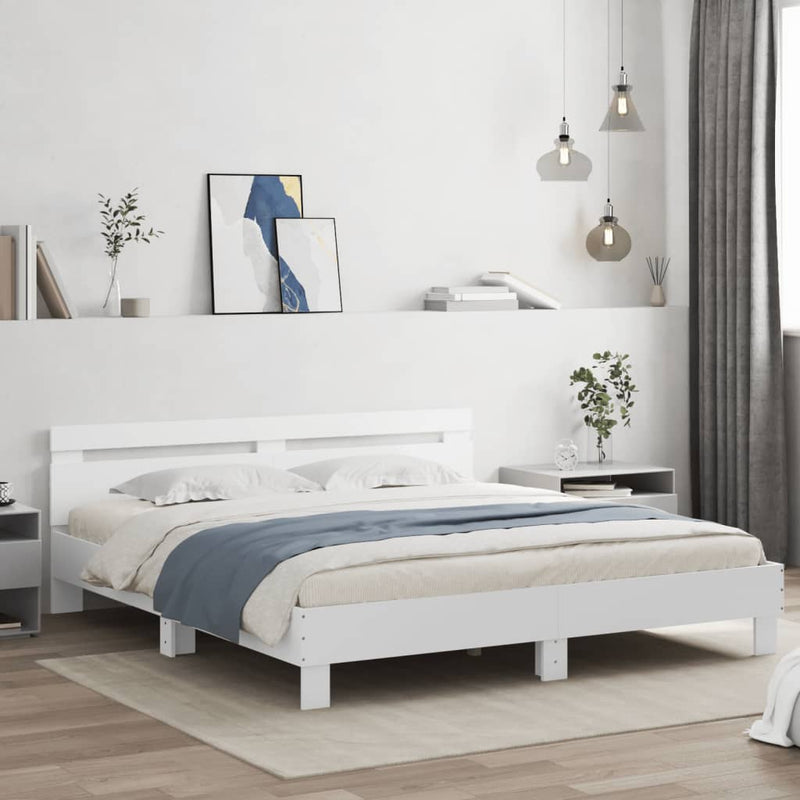 Bed Frame with Headboard and LED White 183x203 cm King Size