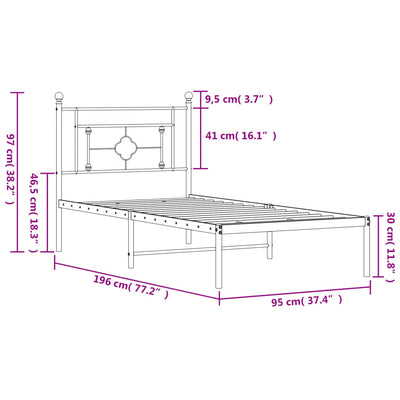 Metal Bed Frame without Mattress with Headboard Black 90x190 cm