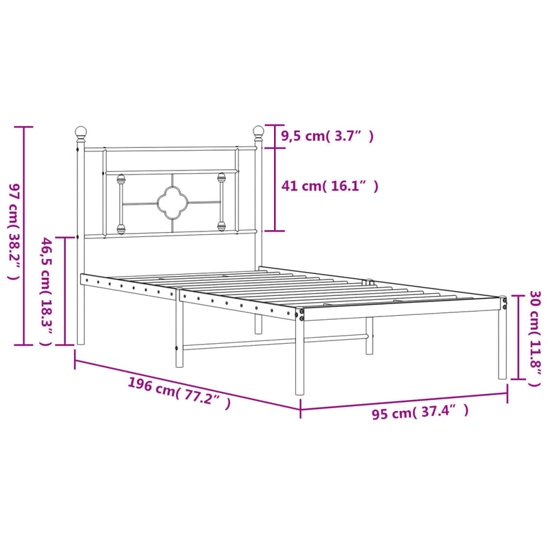 Metal Bed Frame without Mattress with Headboard Black 90x190 cm