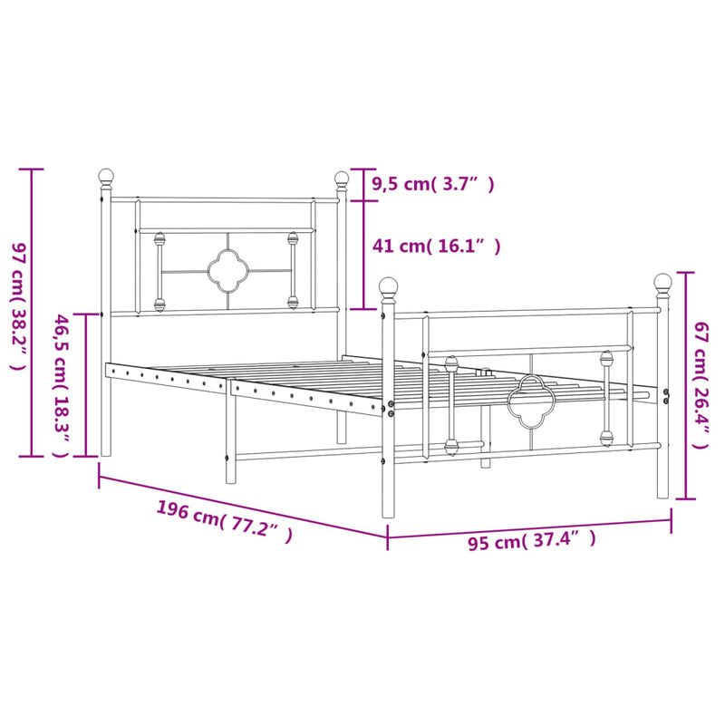 Metal Bed Frame without Mattress with Footboard Black 90x190 cm