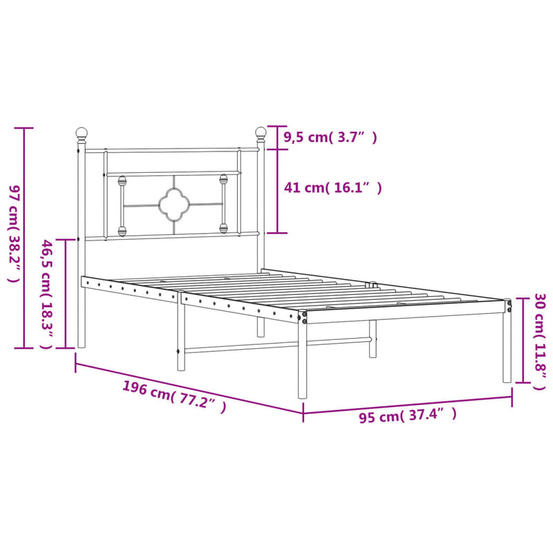 Metal Bed Frame without Mattress with Headboard White 90x190 cm