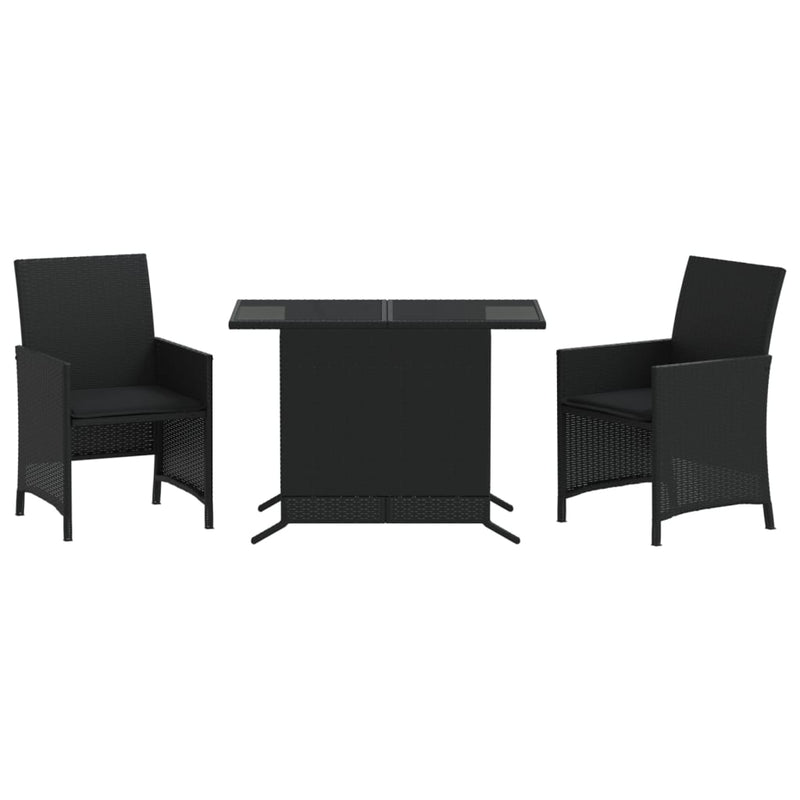 3 Piece Bistro Set with Cushions Black Poly Rattan