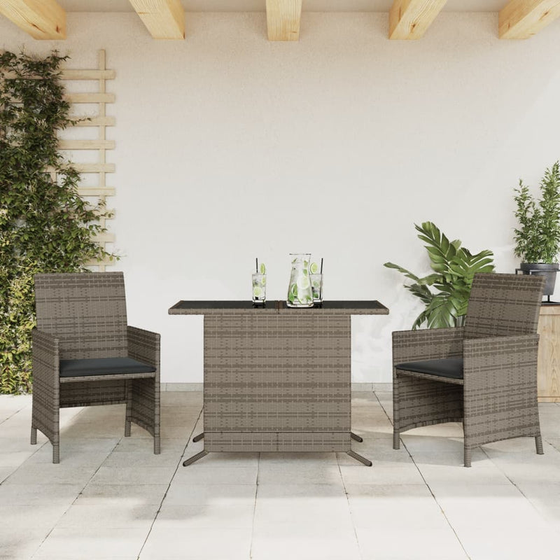 3 Piece Bistro Set with Cushions Grey Poly Rattan