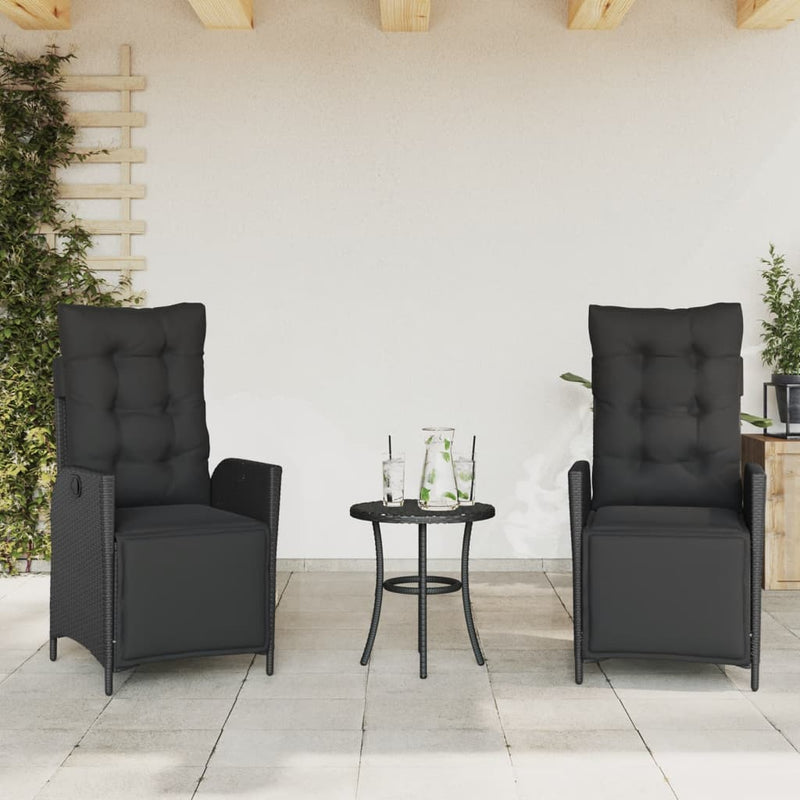 3 Piece Bistro Set with Cushions Black Poly Rattan