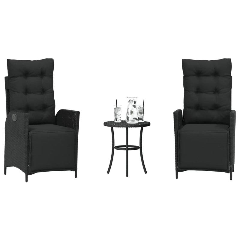 3 Piece Bistro Set with Cushions Black Poly Rattan