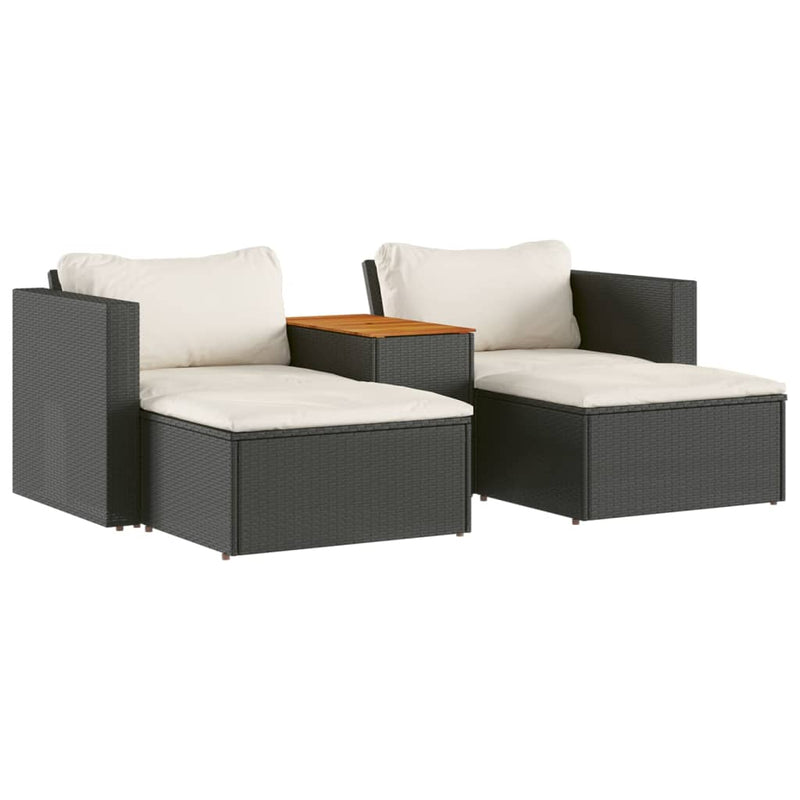 5 Piece Garden Sofa Set with Cushions Black Poly Rattan Acacia