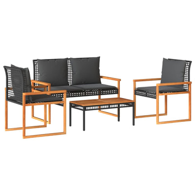 4 Piece Garden Lounge Set with Cushions Black Poly Rattan