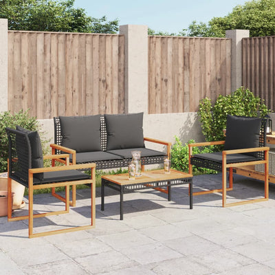 4 Piece Garden Lounge Set with Cushions Black Poly Rattan