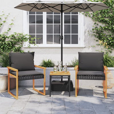 3 Piece Bistro Set with Cushions Black Poly Rattan Acacia Wood