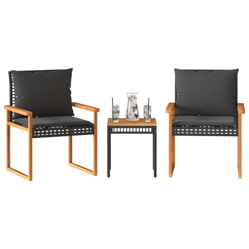 3 Piece Bistro Set with Cushions Black Poly Rattan Acacia Wood