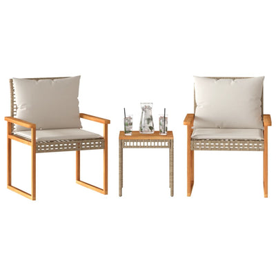 3 Piece Bistro Set with Cushions Mix Beige Poly Rattan Acacia Wood