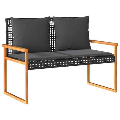 Garden Bench with Cushion Black Poly Rattan Acacia Wood