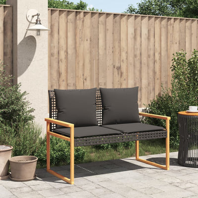 Garden Bench with Cushion Black Poly Rattan Acacia Wood