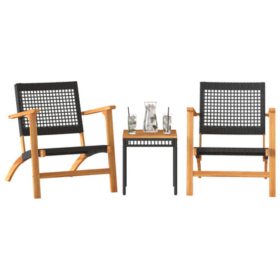 3 Piece Bistro Set Black Poly Rattan and Solid Wood Acacia