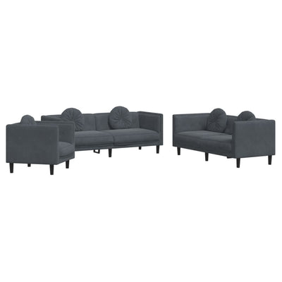 3 Piece Sofa Set with Pillows Dark Grey Velvet