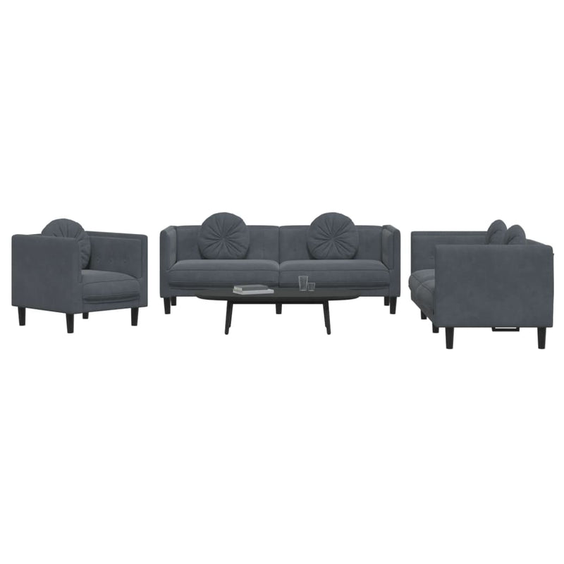 3 Piece Sofa Set with Pillows Dark Grey Velvet