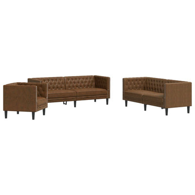 3 Piece Chesterfield Sofa Set Brown Faux Suede Leather