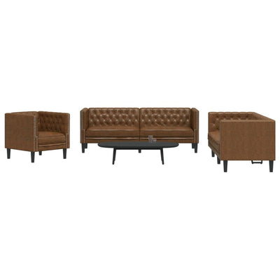 3 Piece Chesterfield Sofa Set Brown Faux Suede Leather