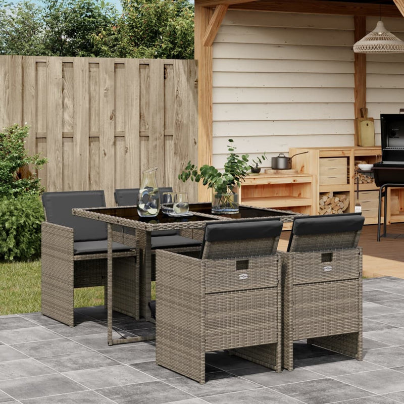 5 Piece Garden Dining Set with Cushions Grey Poly Rattan