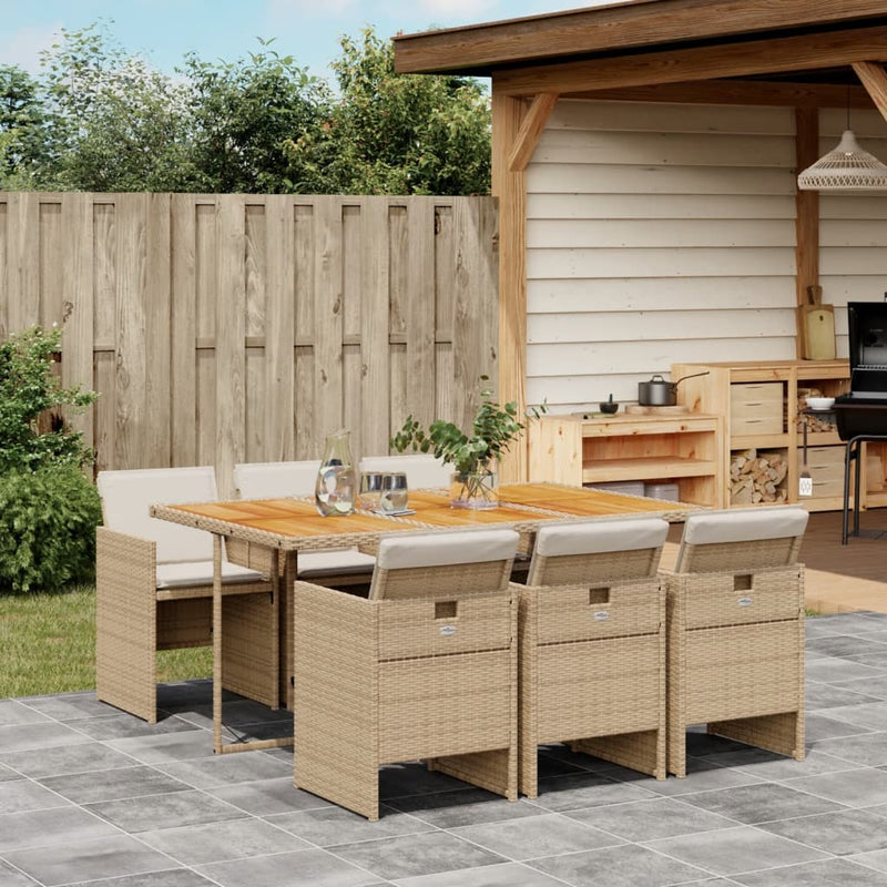 7 Piece Garden Dining Set with Cushions Beige Poly Rattan