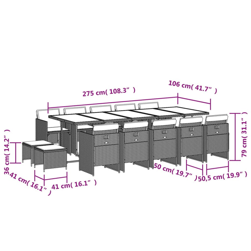 15 Piece Garden Dining Set with Cushions Grey Poly Rattan