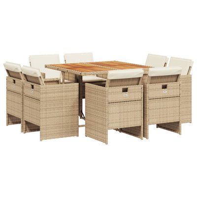 9 Piece Garden Dining Set with Cushions Beige Poly Rattan