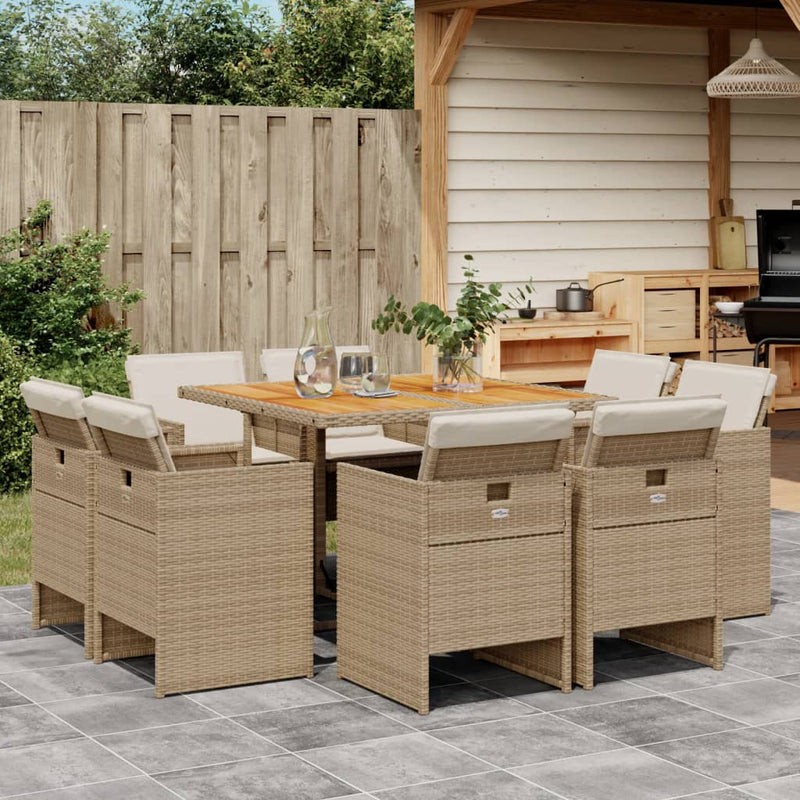 9 Piece Garden Dining Set with Cushions Beige Poly Rattan