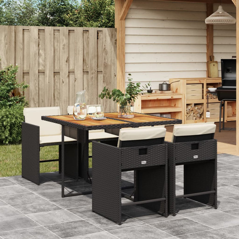 5 Piece Garden Dining Set with Cushions Black Poly Rattan