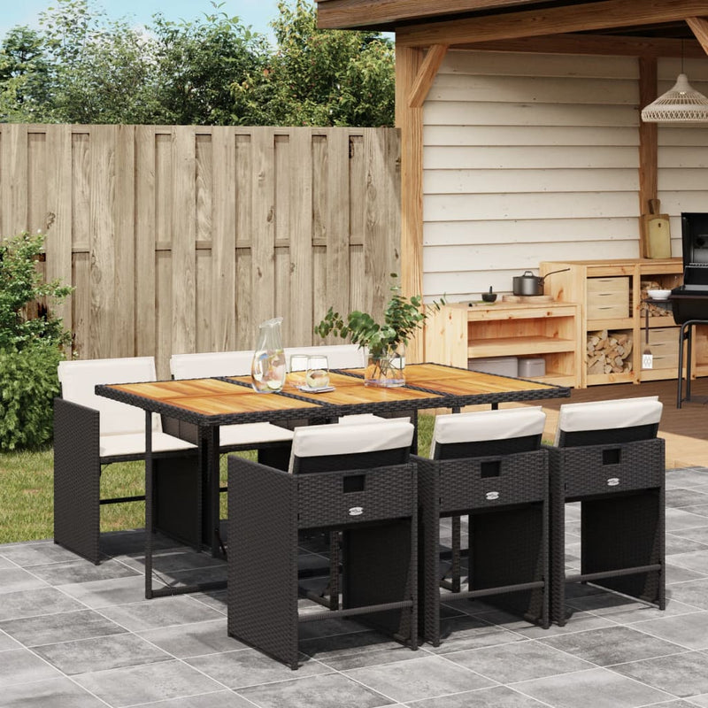 7 Piece Garden Dining Set with Cushions Black Poly Rattan