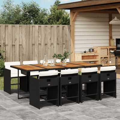 9 Piece Garden Dining Set with Cushions Black Poly Rattan