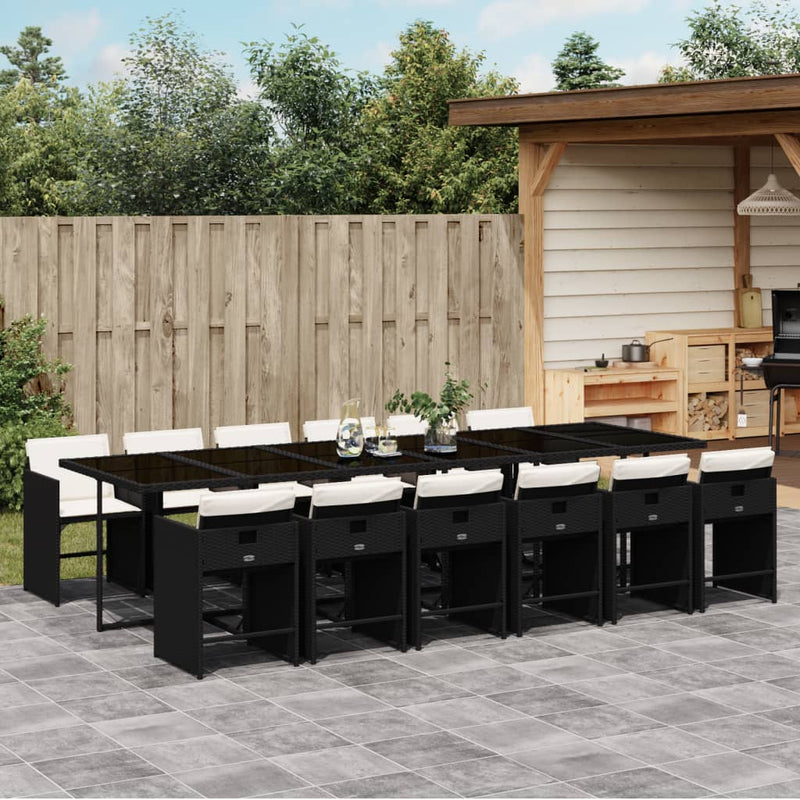 13 Piece Garden Dining Set with Cushions Black Poly Rattan