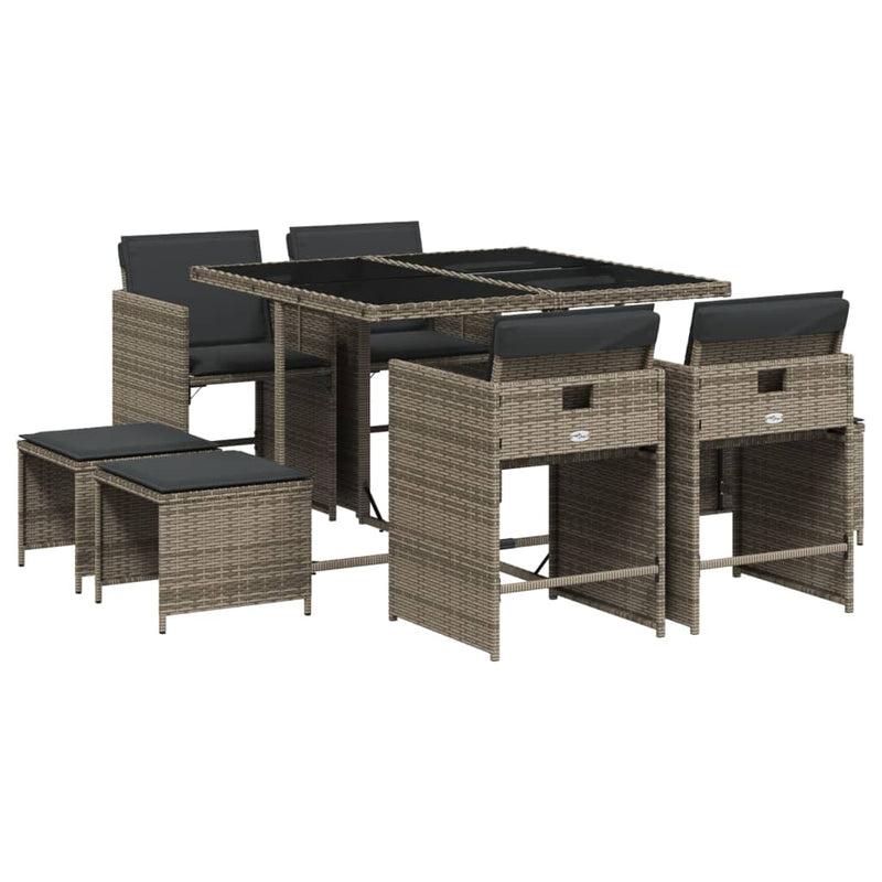 9 Piece Garden Dining Set with Cushions Grey Poly Rattan