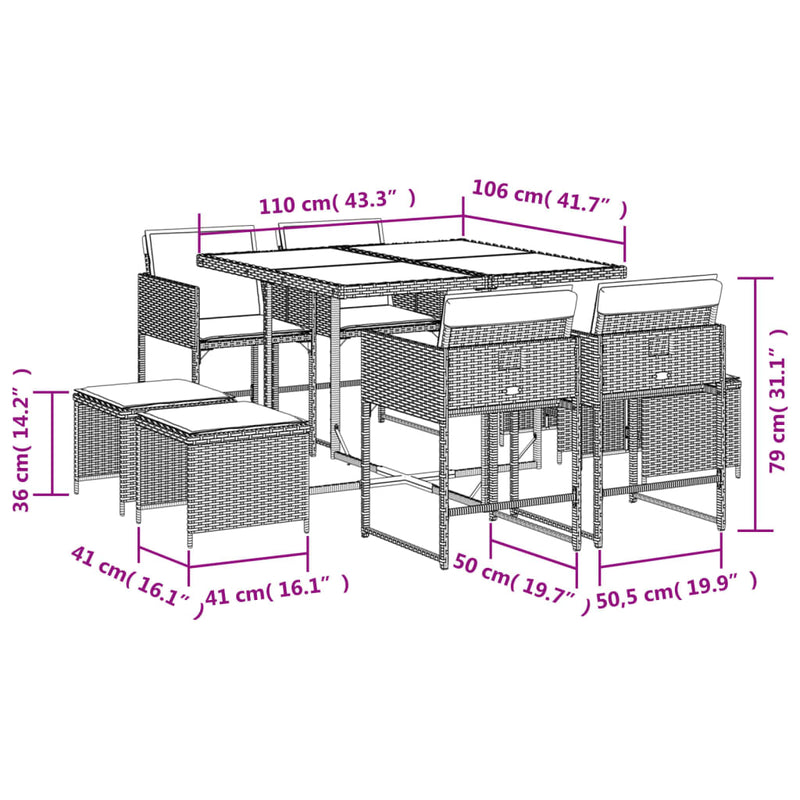 9 Piece Garden Dining Set with Cushions Light Grey Poly Rattan