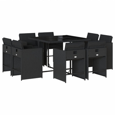 9 Piece Garden Dining Set with Cushions Black Poly Rattan