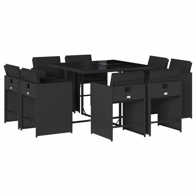 9 Piece Garden Dining Set with Cushions Black Poly Rattan