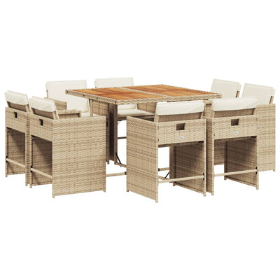 9 Piece Garden Dining Set with Cushions Beige Poly Rattan