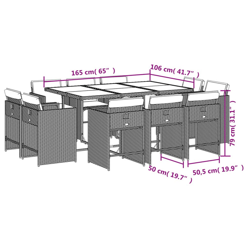 11 Piece Garden Dining Set with Cushions Grey Poly Rattan