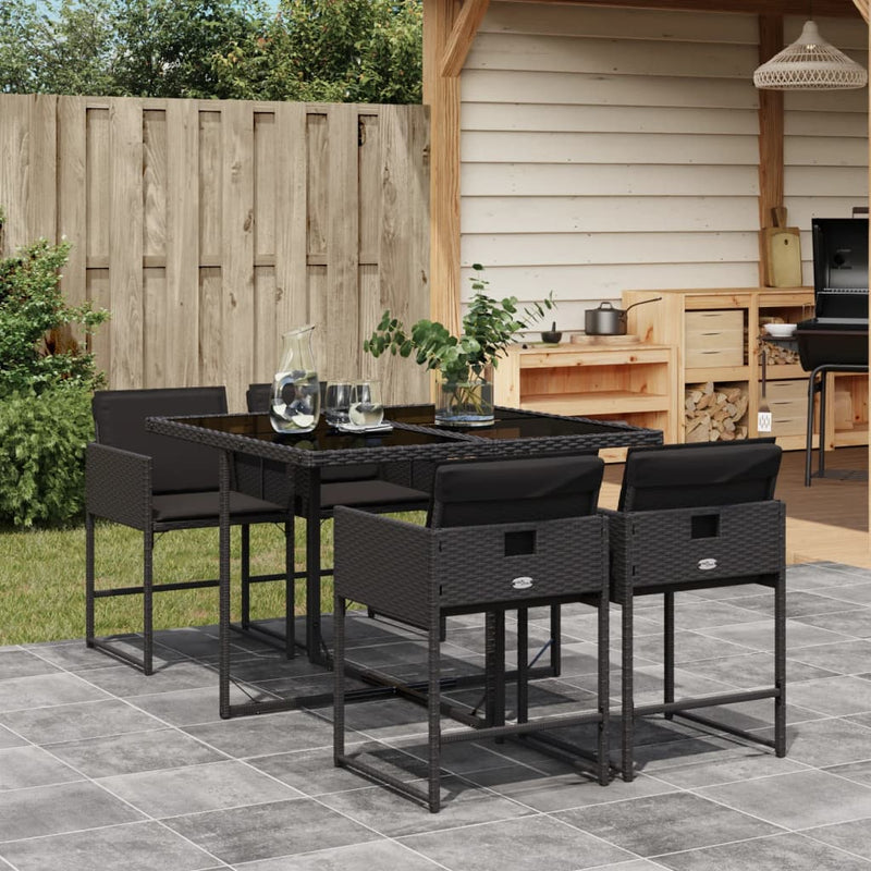 5 Piece Garden Dining Set with Cushions Black Poly Rattan