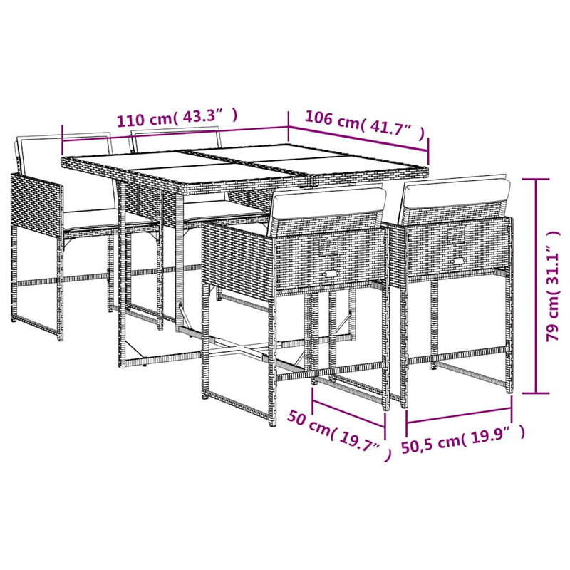 5 Piece Garden Dining Set with Cushions Grey Poly Rattan