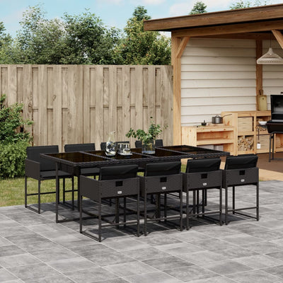 9 Piece Garden Dining Set with Cushions Black Poly Rattan