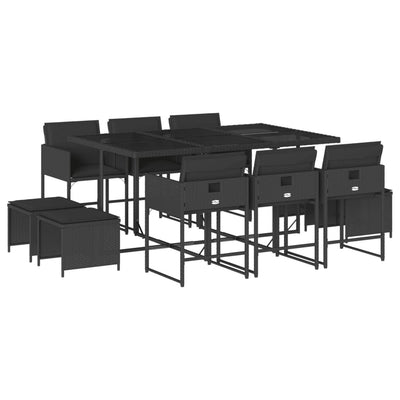 11 Piece Garden Dining Set with Cushions Black Poly Rattan