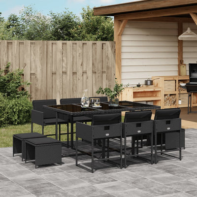 11 Piece Garden Dining Set with Cushions Black Poly Rattan