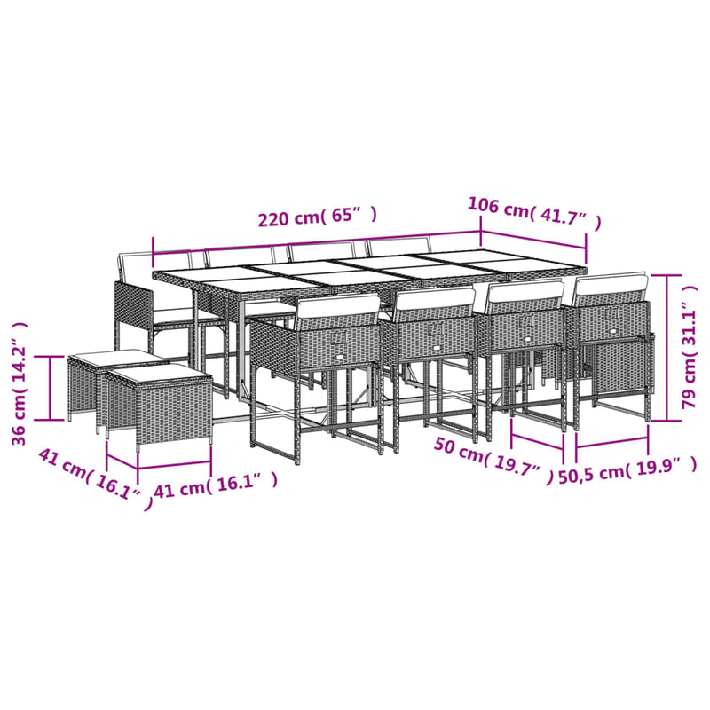 13 Piece Garden Dining Set with Cushions Beige Poly Rattan