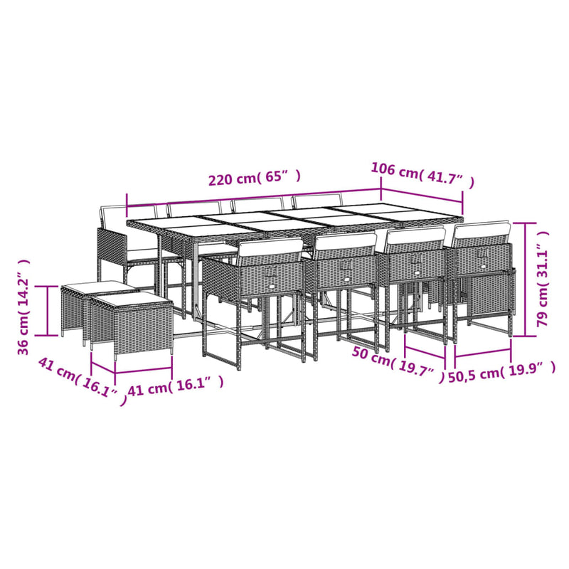 13 Piece Garden Dining Set with Cushions Black Poly Rattan